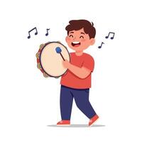 Cheerful boy playing a tambourine with enthusiasm in a colorful flat illustration, expressing joy and music in a playful setting vector