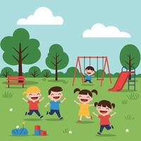 Happy children playing joyfully in a vibrant park with swings and slides in a flat illustration vector
