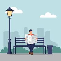 A man reading a newspaper on a park bench under a street lamp in a minimal illustration vector