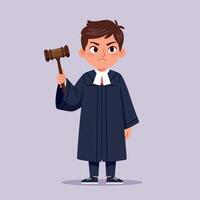 Young judge holding a gavel with a stern expression, in a minimal and colorful flat design art vector
