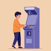 Young boy playing with a classic arcade machine in a flat design style, showcasing nostalgia and fun in art vector