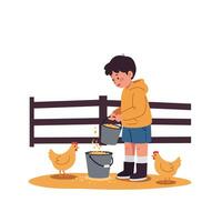 A young boy feeding chickens while standing beside a wooden fence in a playful, colorful, flat illustration vector