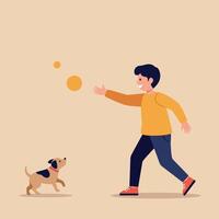 A joyful boy in a yellow sweater playing fetch with a small dog in a flat, minimal style illustration vector