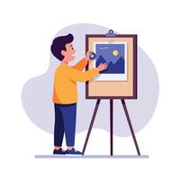 Boy in a yellow sweater adjusting a picture frame on an easel, flat illustration of creativity and artistic expression vector