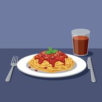 A delicious plate of spaghetti topped with vibrant marinara sauce and fresh basil in flat art style vector
