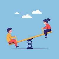 Two children playing on a colorful seesaw in a bright blue sky, cheerful and playful design style, illustration vector