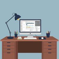Desk workspace featuring a modern computer setup with a stylish lamp, organized stationery, and minimalistic design in flat art vector