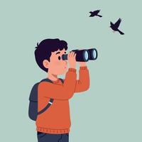 A young boy wearing a backpack observing birds through binoculars in a flat illustration showcasing curiosity and exploration in a serene outdoor setting art vector
