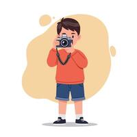 Young boy enthusiastically holding a camera while wearing a bright orange sweater and shorts in a playful minimal illustration vector