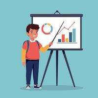 Young boy presenting a colorful chart on a presentation board in a flat illustration style showcasing enthusiasm and learning vector