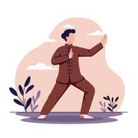 A person practicing Tai Chi in a serene outdoor setting with soft colors, flat design style, conveying calmness and focus in art vector
