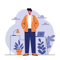 A man in an orange jacket standing confidently in a modern workspace with plants and a laptop, showcasing a flat illustration vector