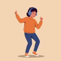 A joyful child dancing energetically while wearing headphones in a flat, minimal style illustration vector
