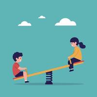 Two children enjoying a playful moment on a vibrant seesaw in a minimal flat illustration vector