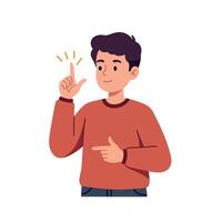 Young man in casual attire smiling while pointing and gesturing with his finger in a flat illustration vector