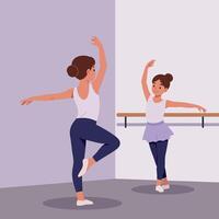 A graceful ballet dancer demonstrating a dance pose alongside a young girl in a flat, colorful studio setting, captured in art vector