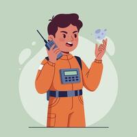 Young astronaut in orange space suit communicating with radio while holding a floating planet model, flat illustration vector