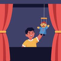 Young boy joyfully performing with a colorful puppet in a cozy puppet theater, flat illustration vector