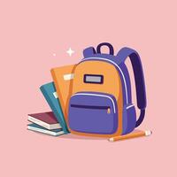 Brightly colored school backpack with books and stationery in a flat illustration setting, showcasing a cheerful and organized study environment vector