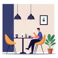 A man enjoying a warm beverage at a modern cafe setting with minimalistic design and stylish decor in flat art vector