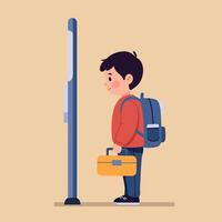 Young boy in red sweater and backpack waiting at a bus stop in flat art style with a cheerful mood vector
