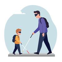A man and a boy walking together with white canes in a flat, minimal design illustration showcasing support and companionship in a calm setting vector