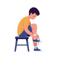 A young boy tying his shoelaces on a wooden stool in a flat, minimal design illustration showcasing focus and determination in an energetic atmosphere. vector