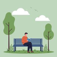 A man sitting on a park bench reading a book in a serene, minimal landscape with trees and clouds, flat art vector