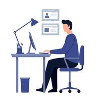A young man working diligently at a modern desk with a computer lamp and organizational items in a flat illustration vector