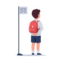 A young boy with a red backpack waiting at a bus stop in a flat illustration style, showing anticipation and curiosity in a simple urban setting art vector
