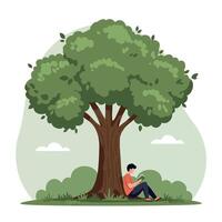 A young man reading a book under a large green tree in a serene, flat illustration with a peaceful atmosphere and soft colors in nature art vector