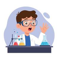 A surprised boy in a lab coat conducting an experiment with colorful liquids in beakers, featuring flat design style, illustration vector