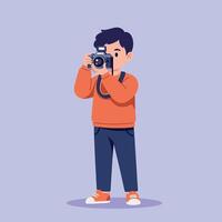 Young boy holding a camera in a flat style, capturing moments with enthusiasm in a playful atmosphere, art vector