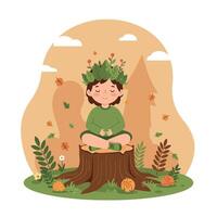 A peaceful child meditating on a tree stump surrounded by nature, in a flat illustration style depicting harmony and tranquility vector