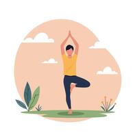 A person practicing yoga in a tranquil outdoor setting with greenery, minimal design style, conveying peace and balance in art vector