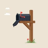Rustic Wooden Mailbox on Post with Clouds and Flowers in Minimalist Illustration vector