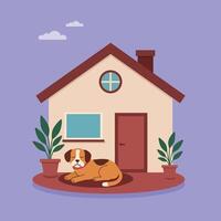 Cozy dog resting peacefully in front of a charming house surrounded by potted plants in flat illustration vector