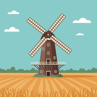 A detailed brown windmill surrounded by golden wheat fields under a bright blue sky in a flat illustration