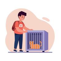 A young boy with a backpack interacting with a playful orange cat in a simple cage, showcasing a cheerful atmosphere in flat art vector