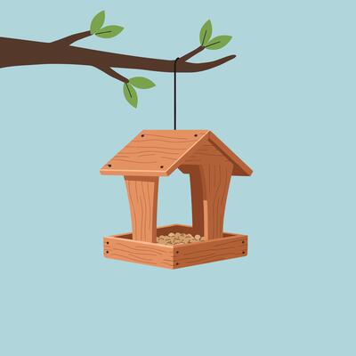 Wooden Bird Feeder Hanging from Branch in a Minimalist Design Illustration