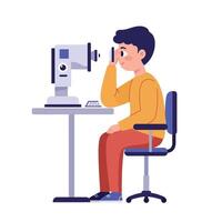 Young boy examining details through a modern microscope while seated at a desk in a bright, minimal, and educational illustration vector