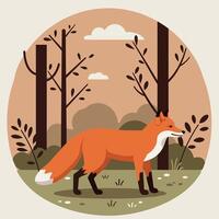 A solitary fox walking through a tranquil forest setting in a flat design style art vector