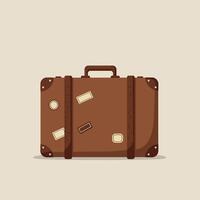 Vintage Brown Suitcase with Travel Stickers in Minimal Flat Design Style Illustration vector