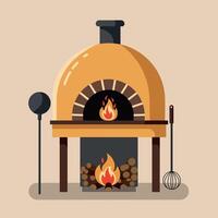 Rustic Brick Oven with Burning Fire in Minimalist Flat Design Illustration vector