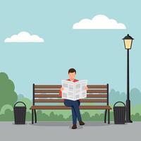 A man sitting on a park bench reading a newspaper in a flat illustration with a calm atmosphere and pleasant surroundings in a public space vector