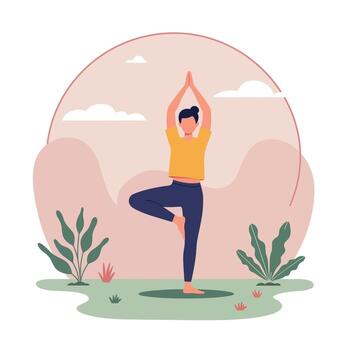 A person practicing yoga in a tranquil outdoor setting while balancing on one leg, showcasing a minimal and calming design style in illustration vector