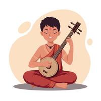 Young boy playing a traditional stringed instrument in a flat, minimal style art vector