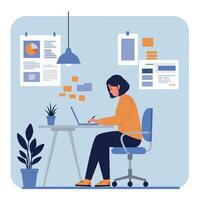 A focused woman working at a desk with a laptop in a minimal and modern office setting, surrounded by plants and colorful notes, illustration vector
