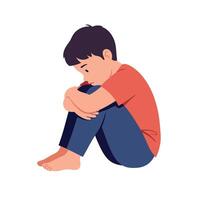 A young boy sitting alone with his knees hugged to his chest in a flat, minimal design illustration expressing sadness and introspection vector