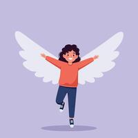 A joyful child with angel wings running playfully on a pastel background in flat illustration style expressing happiness and freedom vector